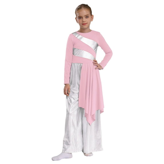 Haitryli Kids Girls Lyrical Praise Dance Bodysuit Metallic Patchwork Long Sleeve Irreguler Drape Liturgical Dancewear Pink 6
