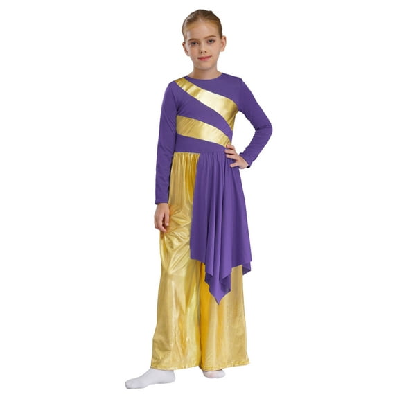Haitryli Kids Girls Lyrical Praise Dance Bodysuit Metallic Patchwork Long Sleeve Irreguler Drape Liturgical Dancewear Purple 6