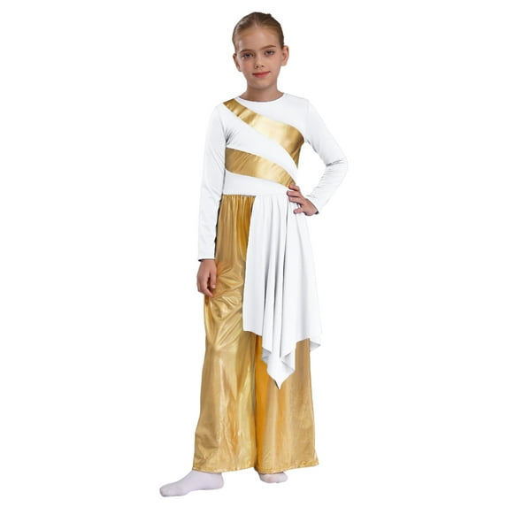 Haitryli Kids Girls Lyrical Praise Dance Bodysuit Metallic Patchwork Long Sleeve Irreguler Drape Liturgical Dancewear White 6