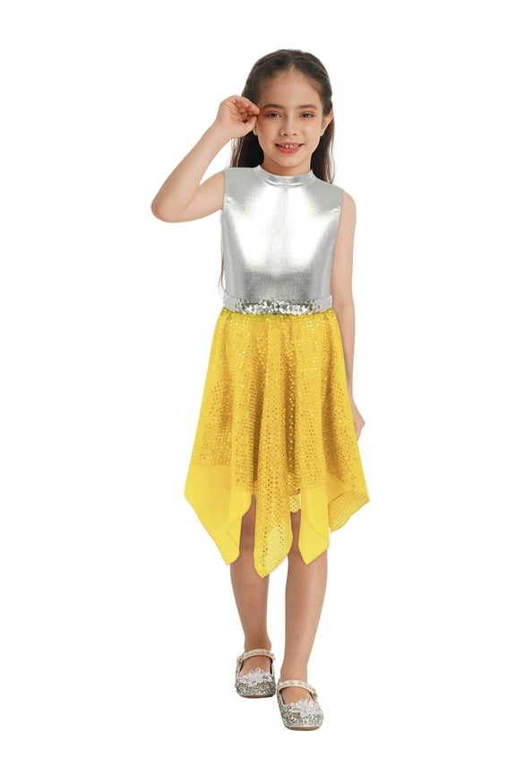 Kids Girls Lyrical Praise Dance Dress Shiny Jazz Ballet Dance Tunic Dress Modern Dance Performance Costume Yellow 10