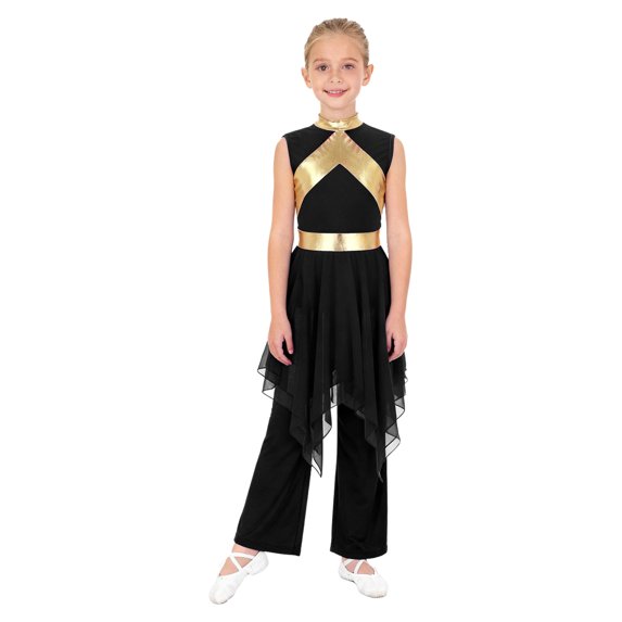 Haitryli Kids Girls Lyrical Praise Dance Dress Sleeveless Metallic Asymmetrical Overlay Tunic Worship Church Robe and Pants Set Black 6