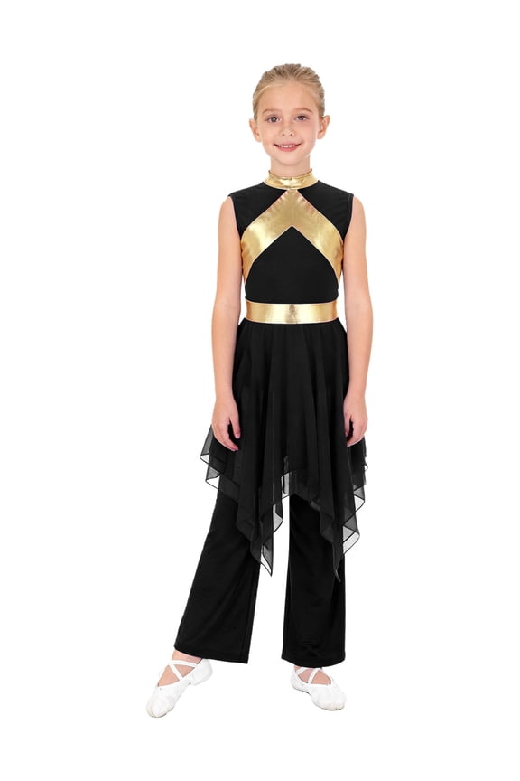 Kids Girls Lyrical Praise Dance Dress Sleeveless Metallic Asymmetrical Overlay Tunic Worship Church Robe and Pants Set Black 8