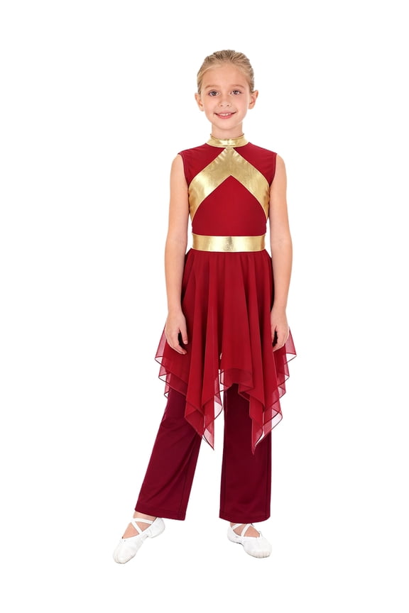 Kids Girls Lyrical Praise Dance Dress Sleeveless Metallic Asymmetrical Overlay Tunic Worship Church Robe and Pants Set Burgundy 10