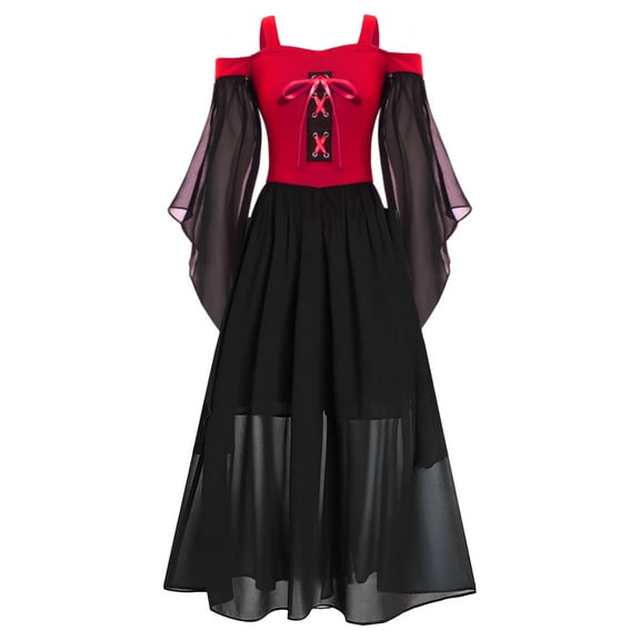 Haitryli Kids Girls Medieval Renaissance Dresses Long Sleeve Cold Shoulder Steampunk Gothic Victorian Vintage Corset Dress Red 12