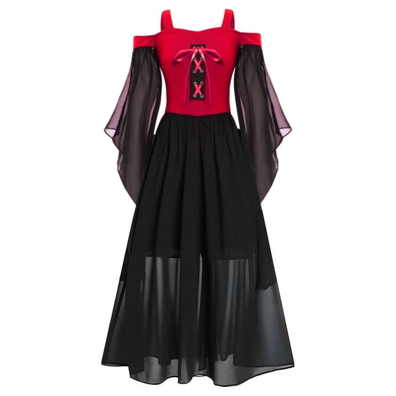 Haitryli Kids Girls Medieval Renaissance Dresses Long Sleeve Cold Shoulder Steampunk Gothic Victorian Vintage Corset Dress Red 16