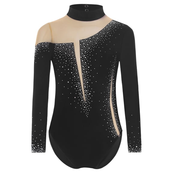 Haitryli Kids Girls Mesh Ballet Dance Leotard Long Sleeve Figure Skating Bodysuit Acrobatics Costume Dancewear Black 10