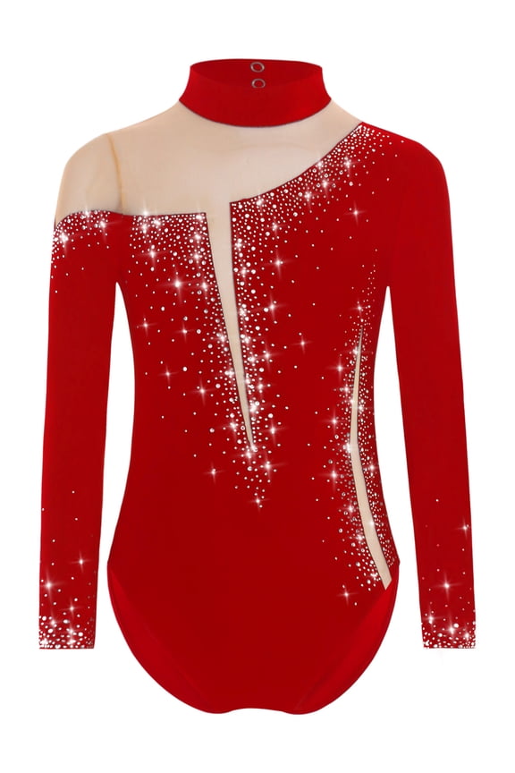 Kids Girls Mesh Ballet Dance Leotard Long Sleeve Figure Skating Bodysuit Acrobatics Costume Dancewear Burgundy 12