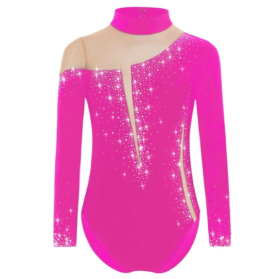 Haitryli Kids Girls Mesh Ballet Dance Leotard Long Sleeve Figure Skating Bodysuit Acrobatics Costume Dancewear Hot Pink 8