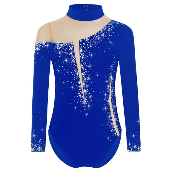 Haitryli Kids Girls Mesh Ballet Dance Leotard Long Sleeve Figure Skating Bodysuit Acrobatics Costume Dancewear Royal Blue 6