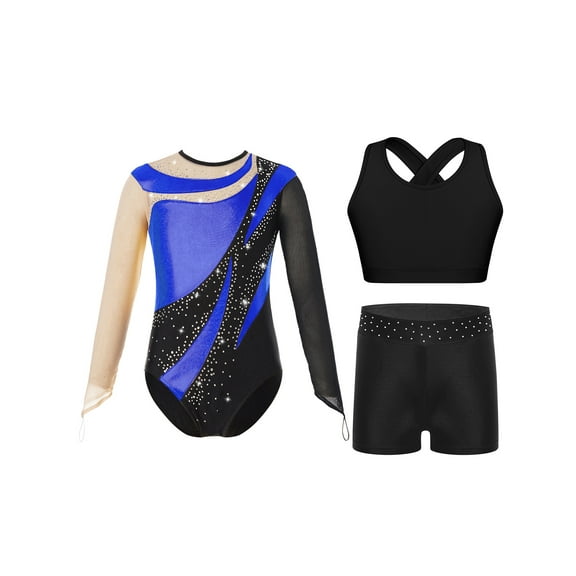 Haitryli Kids Girls Mesh Long Sleeve Gymnastic Leotard Unitard Ballet Dance Bodysuit Crop Top with Shorts Set Activewear Royal Blue 6