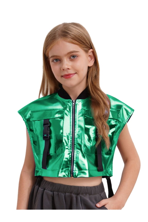 Kids Girls Metallic Dance Vest Sleeveless Zipper Shiny Jacket for Azz Hip-hop Stage Performance Green 6