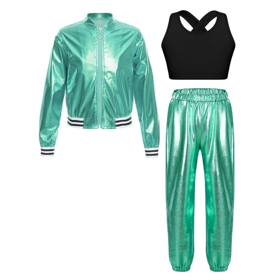 Haitryli Kids Girls Metallic Hip Hop Jazz Dance Outfit Long Sleeve Bomber Jacket Outwear Vest Top with Harem Pants Set Blue Green 16