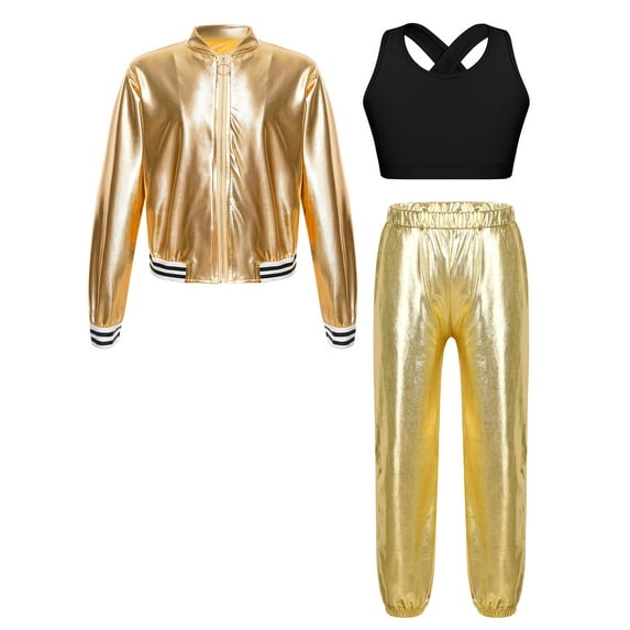 Haitryli Kids Girls Metallic Hip Hop Jazz Dance Outfit Long Sleeve Bomber Jacket Outwear Vest Top with Harem Pants Set Gold 14
