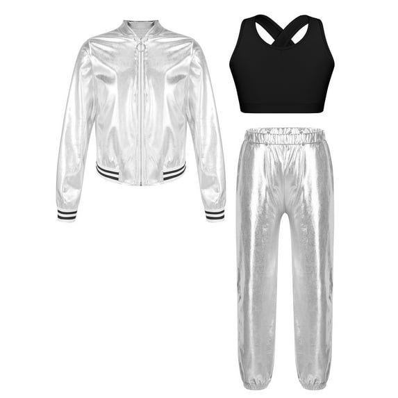 Haitryli Kids Girls Metallic Hip Hop Jazz Dance Outfit Long Sleeve Bomber Jacket Outwear Vest Top with Harem Pants Set Silver 10