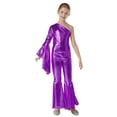 thumbnail image 1 of Haitryli Kids Girls Metallic Jumpsuit One Shoulder Bell-bottom Dance Leotard Romper Pageant Party Gown Purple 14, 1 of 7