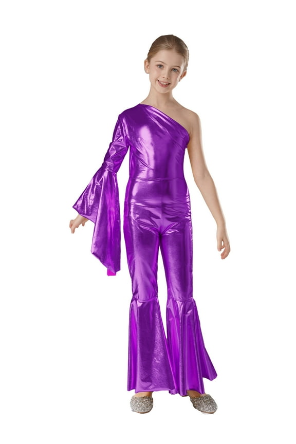 Kids Girls Metallic Jumpsuit One Shoulder Bell-bottom Dance Leotard Romper Pageant Party Gown Purple 6