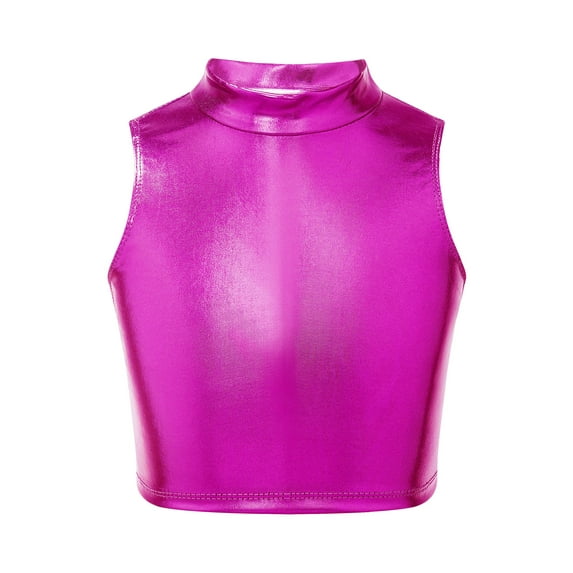 Haitryli Kids Girls Metallic Mock Neck Dance Crop Tops Athletic Vest Hip Hop Jazz Latin Costume Dancewear Rose Red 8