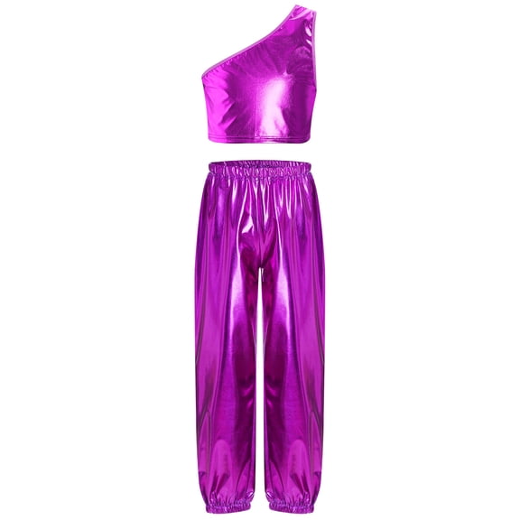Haitryli Kids Girls Metallic One Shoulder Jazz Modern Dance Crop Tops and Pants Set Performance Party Dancewear Purple 9-10