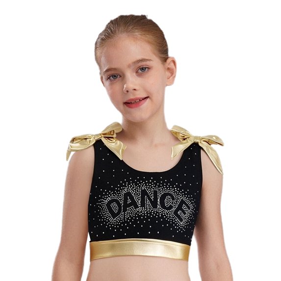 Haitryli Kids Girls Metallic Sports Tank Tops Sleeveless Rhinestone Dance Crop Top Jazz Hip Hop Ballet Vest Gold 8