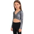 thumbnail image 1 of Haitryli Kids Girls Modern Jazz Ballet Dance Crop Top Long Sleeve Metallic Self-Tie Wrap Tee Black 130, 1 of 7