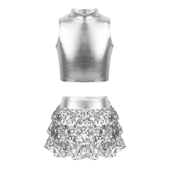 Haitryli Kids Girls Modern Jazz Outfit Sequin Dance Clothes Shiny Metallic Tank Top with 3-Layers Skirt for Hip Hop Silver 8