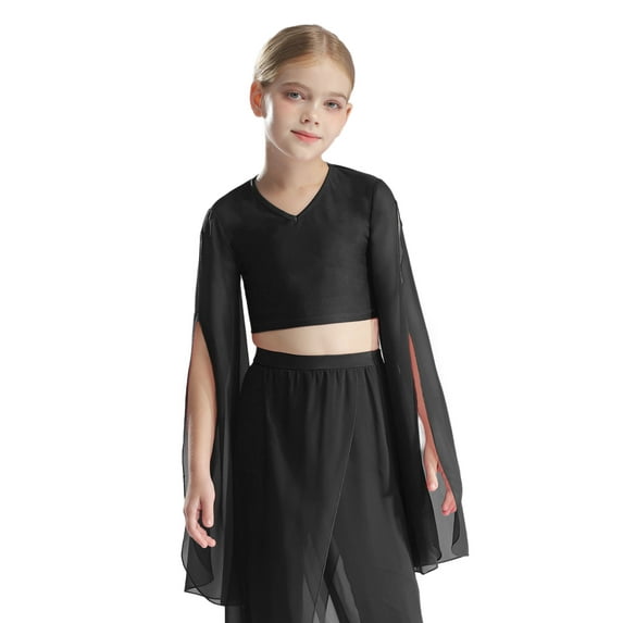 Haitryli Kids Girls Modern Lyrical Belly Dance Shirts Chiffon Split Flared Sleeves Crop Top for Stage Performance Black 12