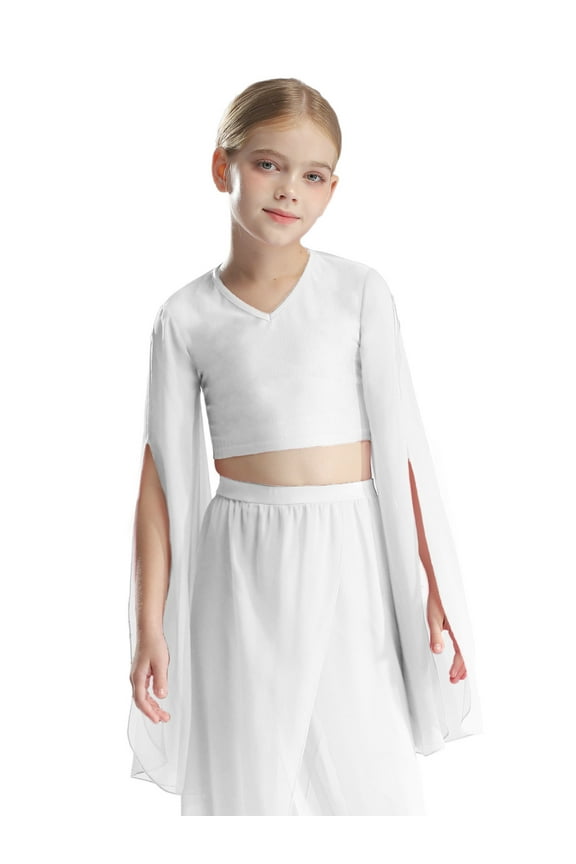 Kids Girls Modern Lyrical Belly Dance Shirts Chiffon Split Flared Sleeves Crop Top for Stage Performance White 6