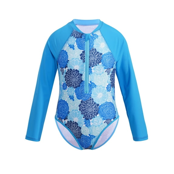 Haitryli Girls Long Sleeve Floral Palm Trees Pattern Swimwear Rashguard Water Sport Bathing Suit Blue Flower 4