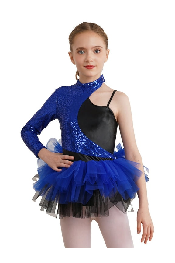 Kids Girls One Shoulder Long Sleeve Sequin Ballet Dance Dress Tutu Leotard Latin Jazz Dancewear Royal Blue 6