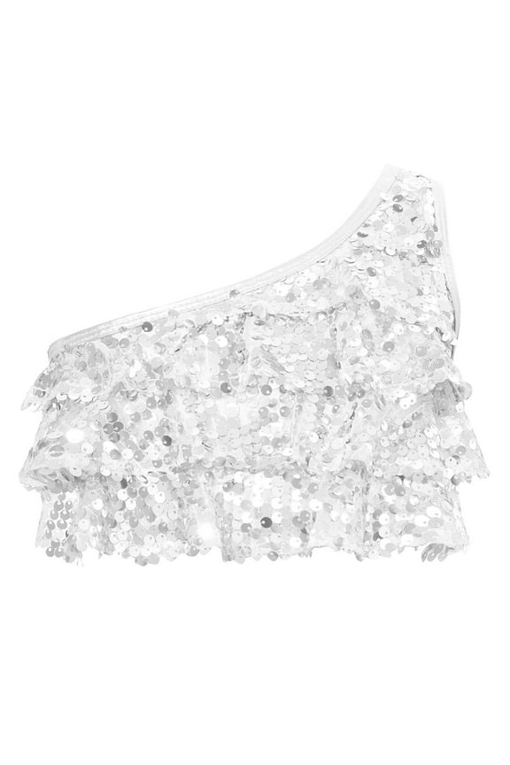 Kids Girls One Shoulder Sequins Hip Hop Jazz Ballet Dance Tank Crop Tops Vest Performance Shirt Dancewear Silver 8