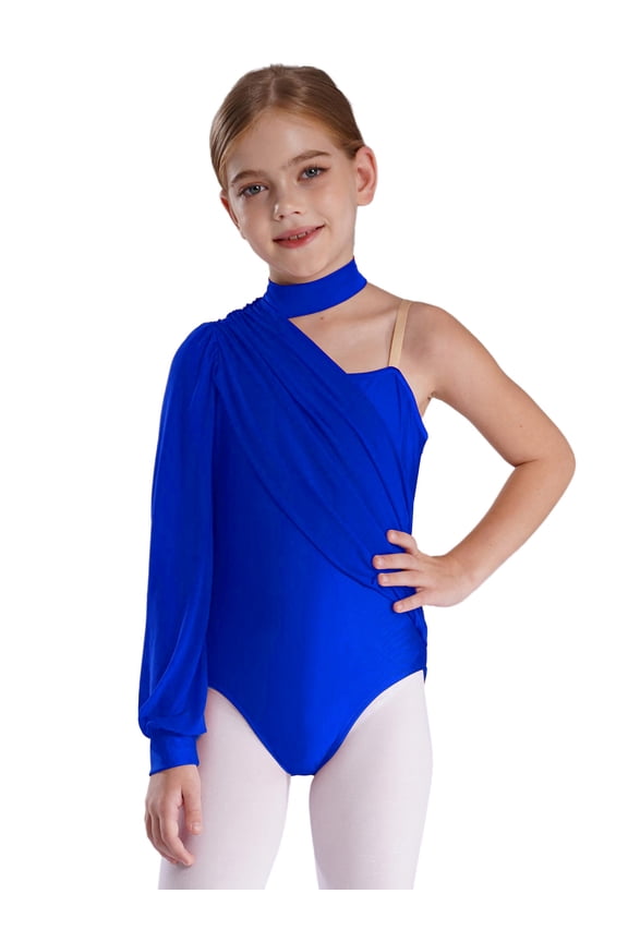 Kids Girls One Shoulder Strap Gymnastics Jersey Latin Leotard Jumpsuit Ballet Dance Unitard Dancewear Blue 14
