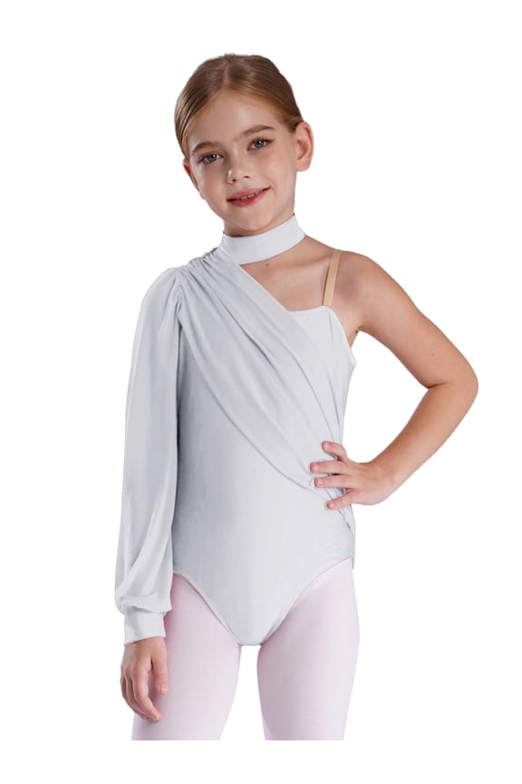 Kids Girls One Shoulder Strap Gymnastics Jersey Latin Leotard Jumpsuit Ballet Dance Unitard Dancewear White 12