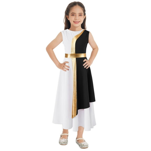 Haitryli Kids Girls Praise Lyrical Dance Dress Color Block Sleeveless Worship Liturgical Dancewear Black 10