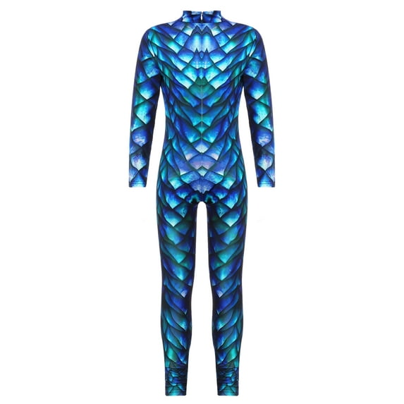 Haitryli Kids Girls Print Full Body One Piece Unitard Gymnastics Leotard Animal Dress Up Jumpsuit Green&Blue 145-150/L