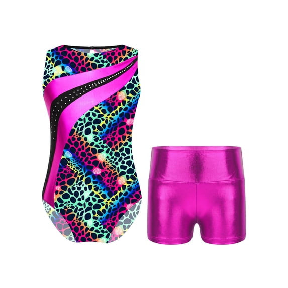 Haitryli Kids Girls Printed Sleeveless Gymnastics Dance Leotards Workout Bodysuit with Shorts Black&Green 12