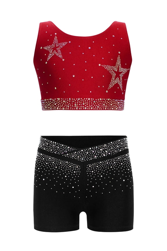 Kids Girls Rhinestone Ballet Jazz Dance Gymnastics Outfits Crop Tank Top And Shorts Dancewear Set Burgundy+Black 6