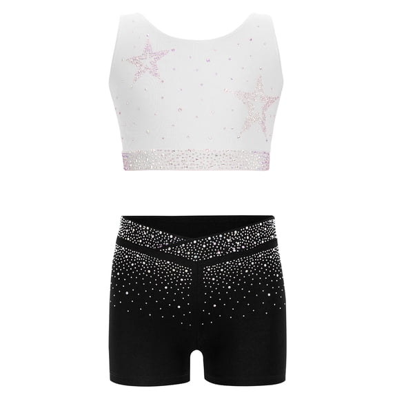 Haitryli Kids Girls Rhinestone Ballet Jazz Dance Gymnastics Outfits Crop Tank Top And Shorts Dancewear Set White+Black 10