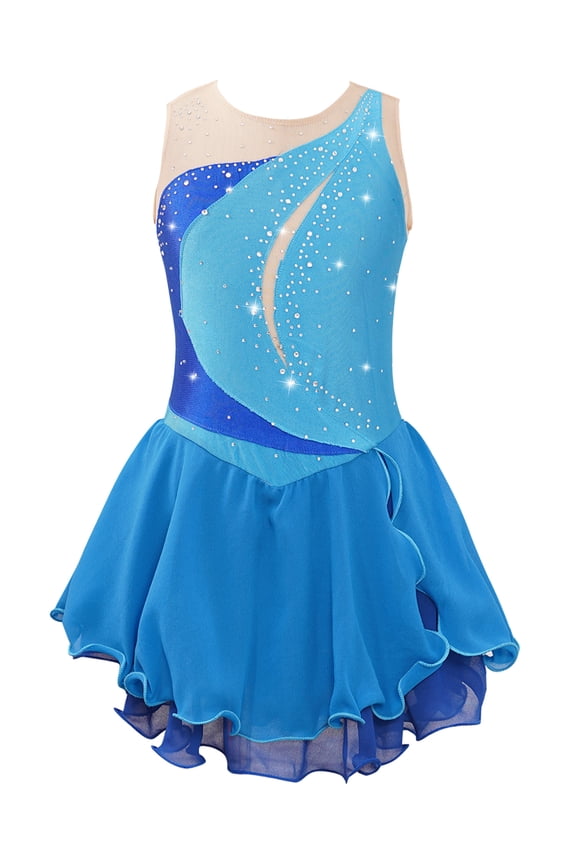 Kids Girls Rhinestone Color Block Figure Ice Skating Dress Sleeveless Ballet Dancewear Light Blue 6