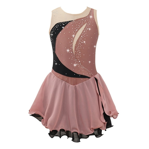 Haitryli Kids Girls Rhinestone Color Block Figure Ice Skating Dress Sleeveless Ballet Dancewear Light Coffee 8