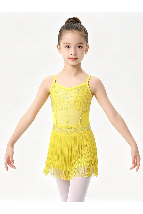 Kids Girls Rhinestone Fringe Bodysuit Sparkly Tassel Latin Cha Cha Ballroom Dance Dress Skirted Leotard Yellow 6