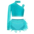 thumbnail image 1 of Haitryli Kids Girls Rhinestone Modern Lyrical Hip Hop Latin Jazz Ballet Dance Crop Tops with Feather Skirt Briefs Set Blue Green 14, 1 of 3