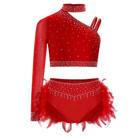 Haitryli Kids Girls Rhinestone Modern Lyrical Hip Hop Latin Jazz Ballet Dance Crop Tops with Feather Skirt Briefs Set Red 8