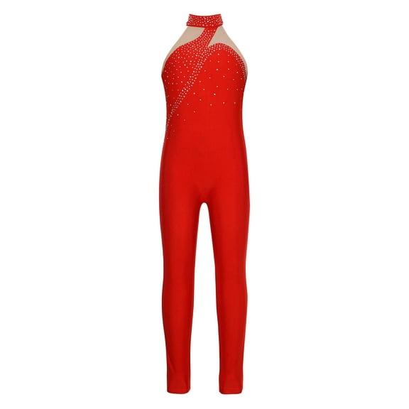 Haitryli Kids Girls Rhinestone Sleeveless Halter Neck Figure Ice Skating Jumpsuit Gymnastic Dance Leotard Unitard Bodysuit Red 10
