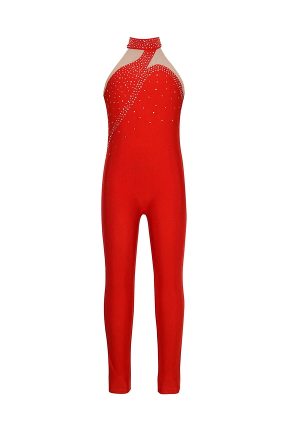 Kids Girls Rhinestone Sleeveless Halter Neck Figure Ice Skating Jumpsuit Gymnastic Dance Leotard Unitard Bodysuit Red 6
