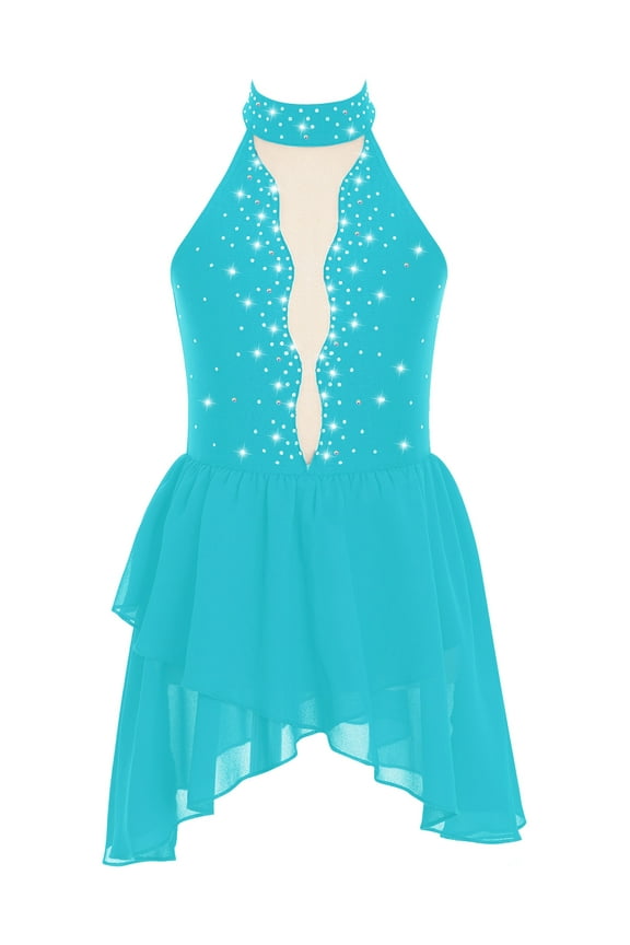 Kids Girls Rhinestone Sleeveless Figure Ice Skating Dress Gymnastic Skirted Leotard Competition Dancewear Blue Green 6