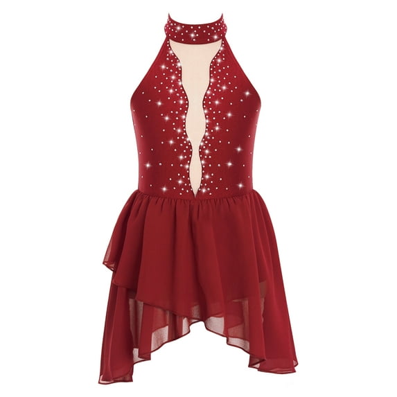Haitryli Kids Girls Rhinestone Sleeveless Figure Ice Skating Dress Gymnastic Skirted Leotard Competition Dancewear Burgundy 8