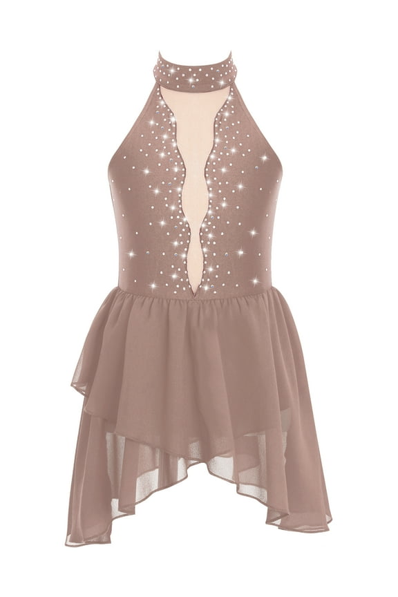 Kids Girls Rhinestone Sleeveless Figure Ice Skating Dress Gymnastic Skirted Leotard Competition Dancewear Dusty Pink 14