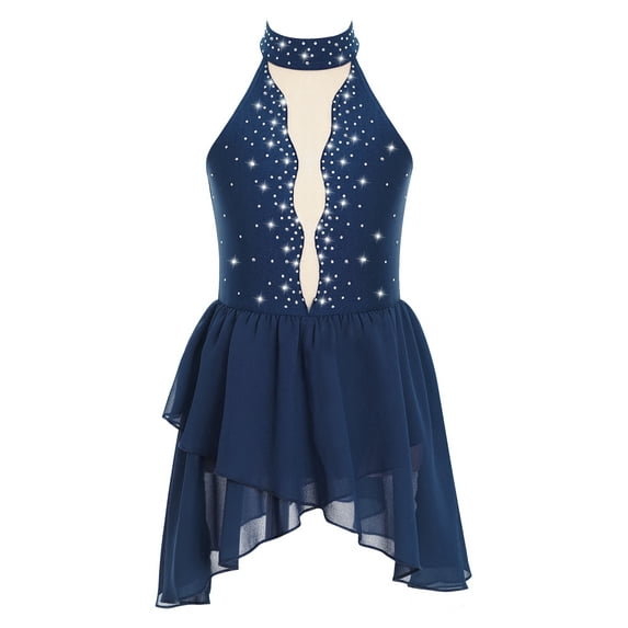 Haitryli Kids Girls Rhinestone Sleeveless Figure Ice Skating Dress Gymnastic Skirted Leotard Competition Dancewear Navy Blue 14