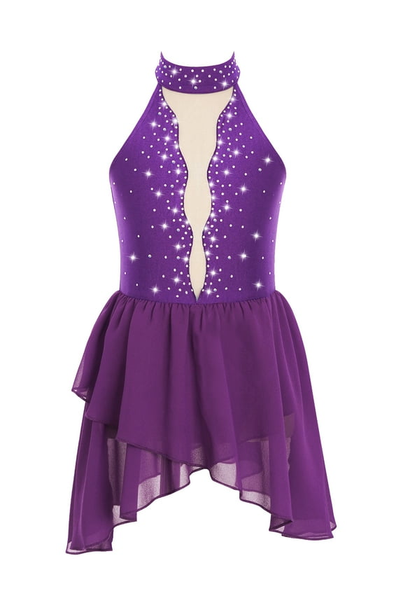 Kids Girls Rhinestone Sleeveless Figure Ice Skating Dress Gymnastic Skirted Leotard Competition Dancewear Purple 6