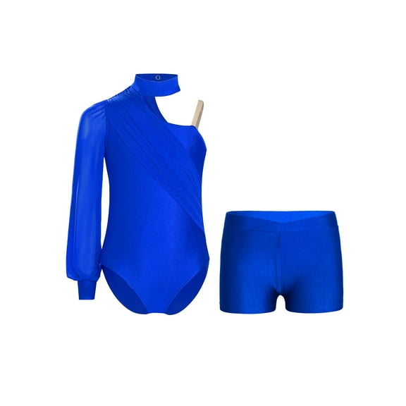 Haitryli Kids Girls Rhythmic Gymnastics Leotard One Shoulder Ruched Mesh Ballet Latin Dance Bodysuit with Shorts Set Blue 8